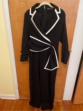 New York & Company Black Long Sleeve Wrap Jumpsuit with White Trim